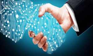 IT management shaking hands with a digital counterpart after IT adoption