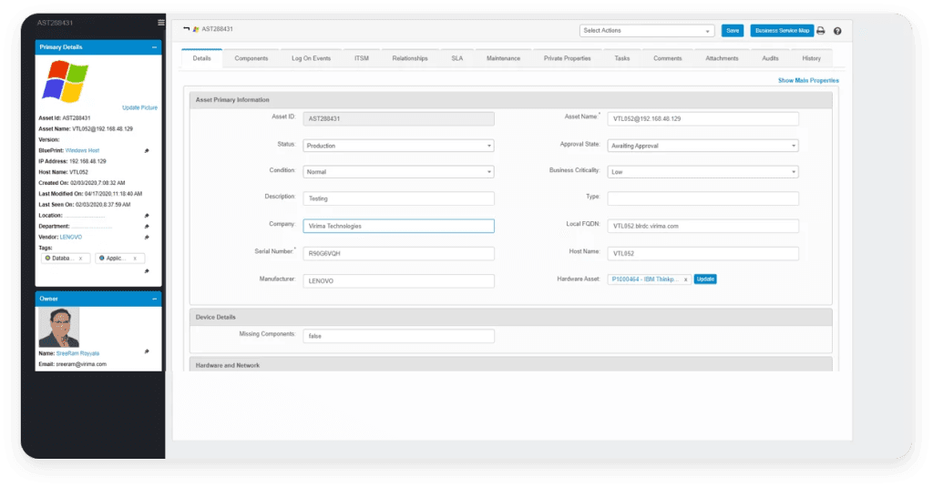 Virima's asset management feature