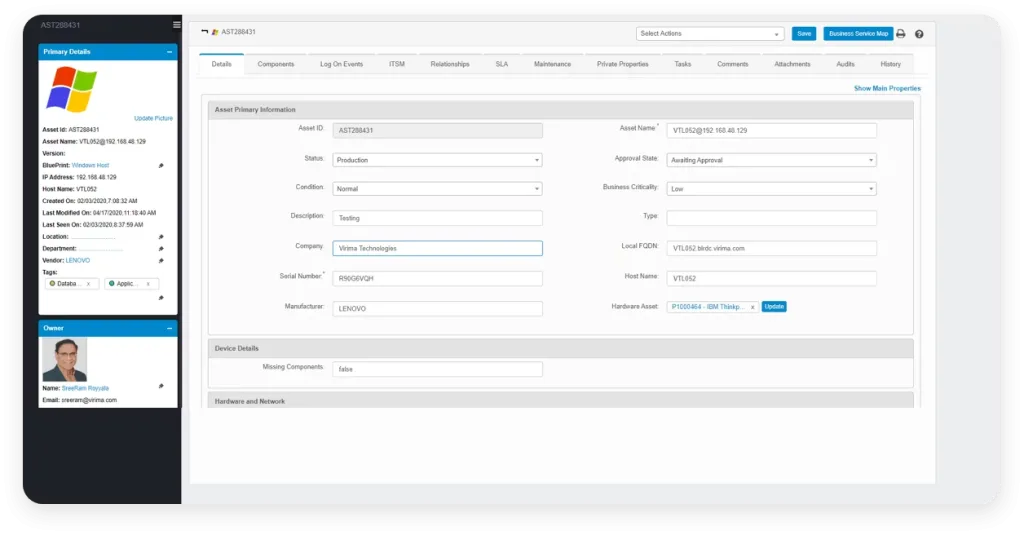 Virima's asset management feature