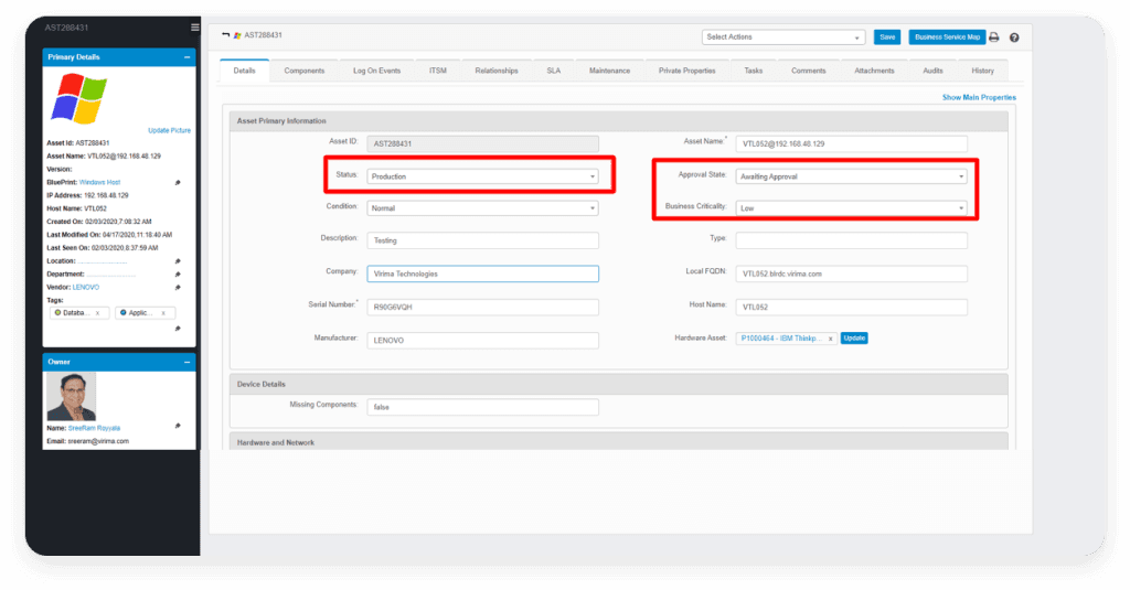 An image of Virima's asset primary information feature that allows you to collect and modify data about your IT assets