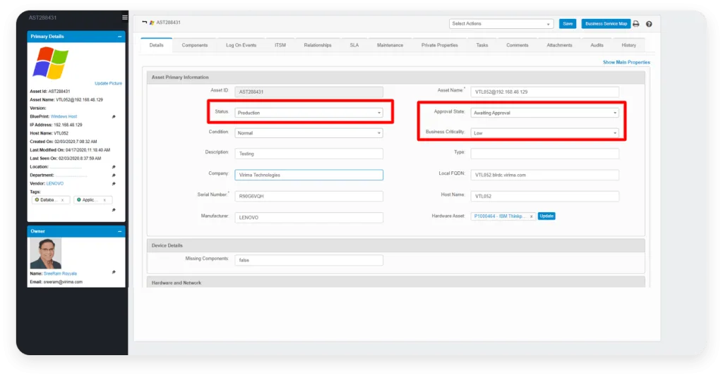 An image of Virima's asset primary information feature that allows you to collect and modify data about your IT assets