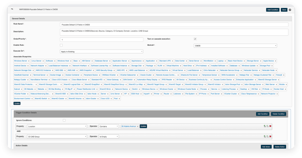 An image of the automation feature included within Virima's CMDB that allows you to set up automated rules to popualte the CMDB as per your preferences