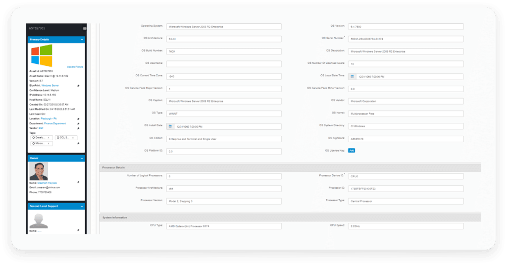 An image of the asset attributes available within Virima’s Discovery tool