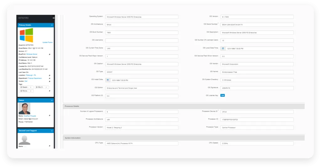 An image of the asset attributes available within Virima’s Discovery tool