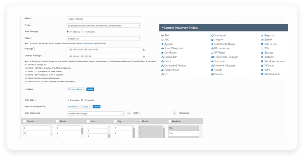 An image of a list of sample Discovery probes available within Virima’s dashboard