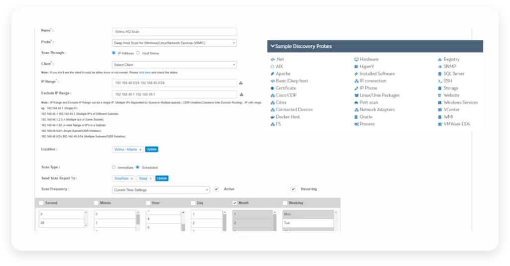 An image of a list of sample Discovery probes available within Virima’s dashboard