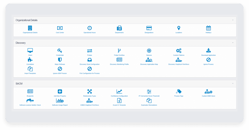 An image of the features available within Virima's asset discovery console