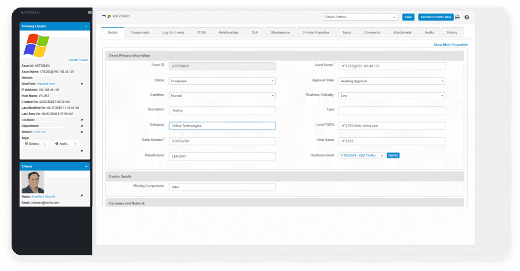 A list of configuration item details that can be found for each catalogued asset