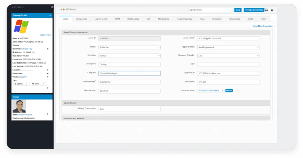A list of configuration item details that can be found for each catalogued asset