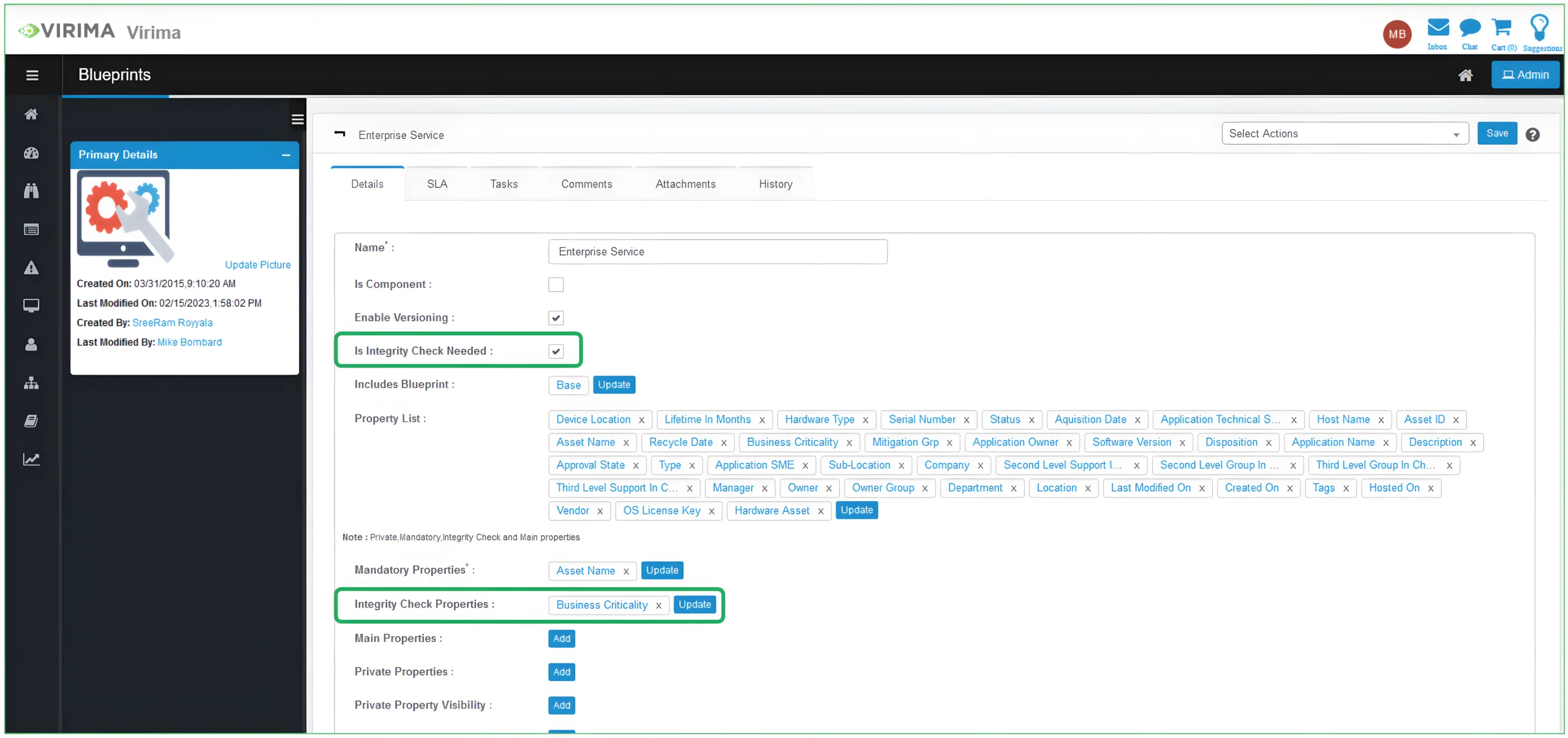 Virima Blueprint Integrity Check properties