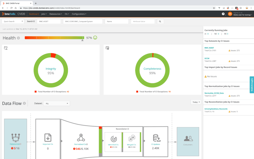 A customizable BMC CMDB dashboard shows the health of your CMDB, ensuring high-quality data is available