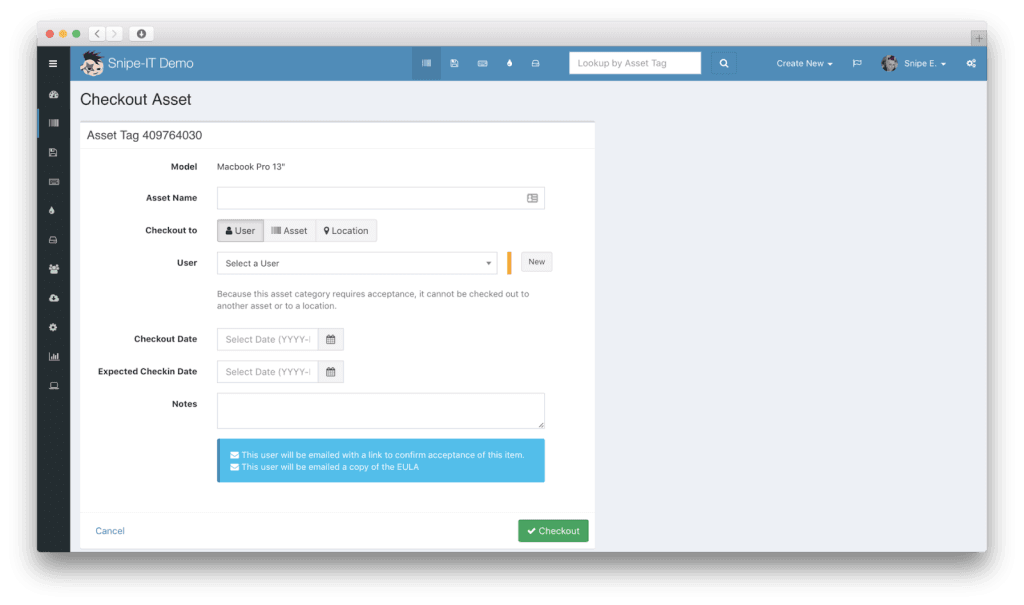 Easily check in, check out, or audit assets with just one click.
