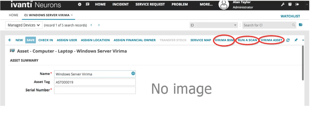 All assets discovered by Virima and synced are accessible within the Ivanti configuration item (CI) record.ITOM and ITSM