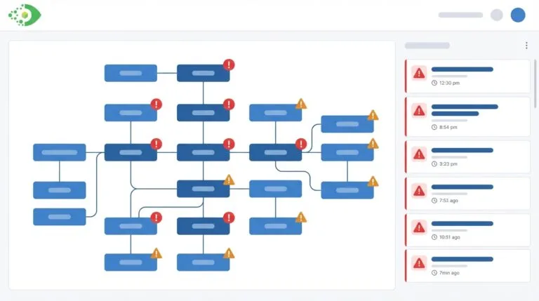 IT service map with ITSM incident overlays and vulnerability indicators showing affected CIs in a dependency topology