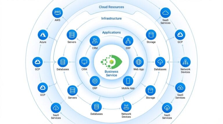 ViVID Service Mapping radial topology diagram showing IT service dependencies in Virima CMDB