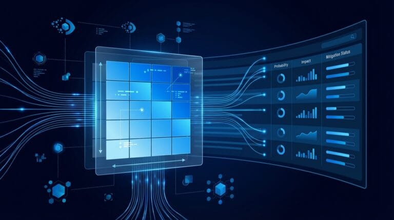 IT risk register matrix and GRC compliance dashboard with probability and impact scoring visualization