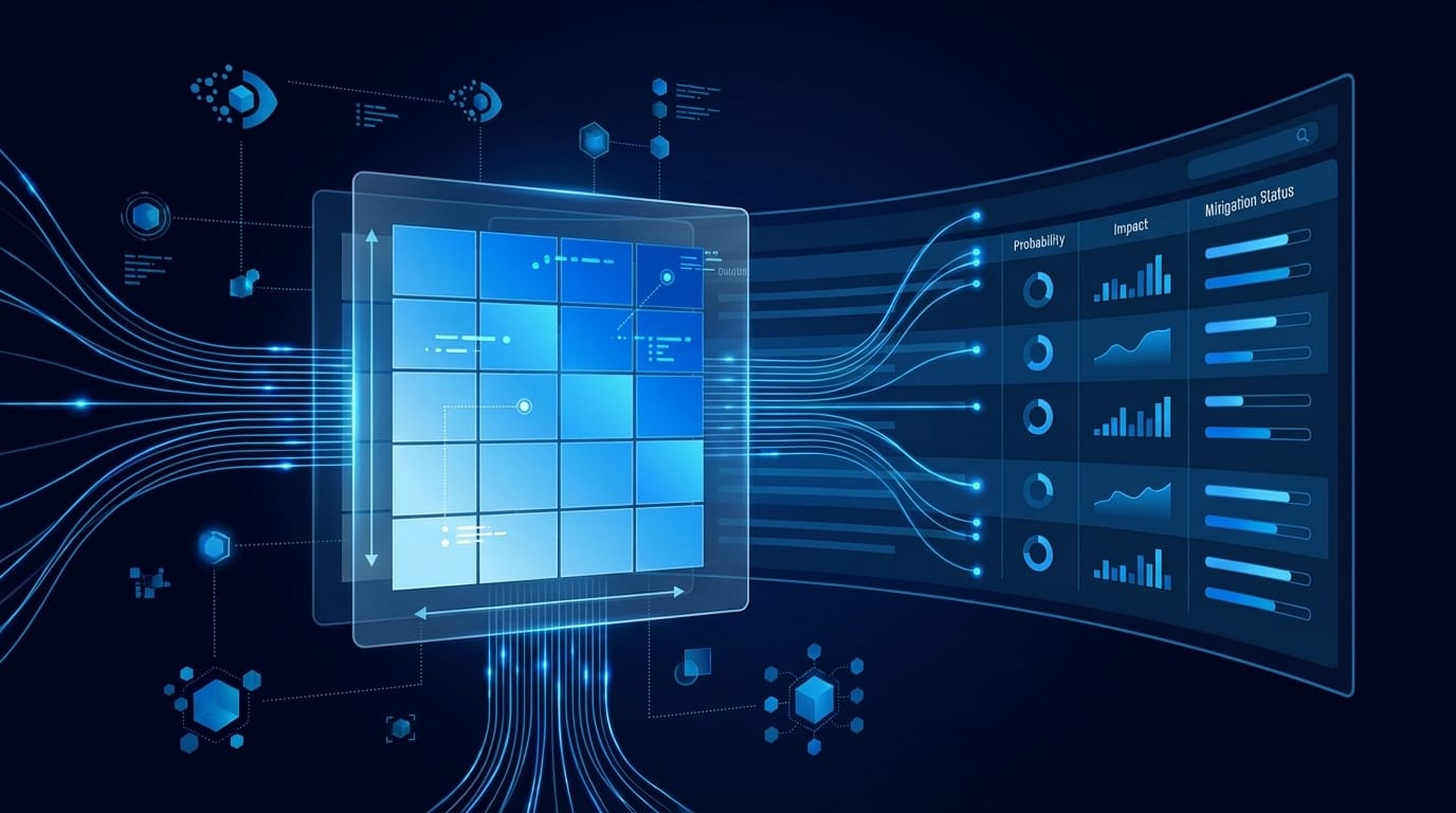IT risk register matrix and GRC compliance dashboard with probability and impact scoring visualization
