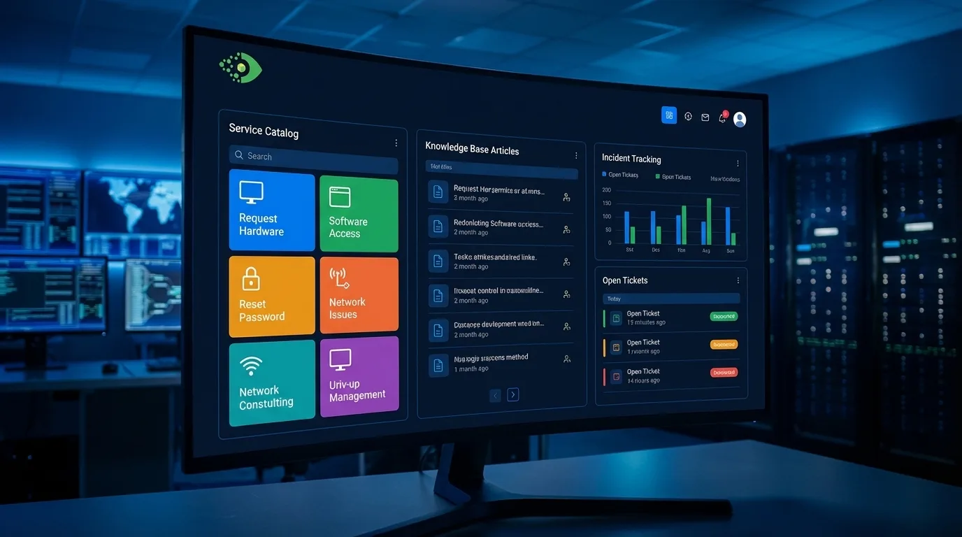 IT self-service portal dashboard showing service catalog and knowledge base in an enterprise IT operations center