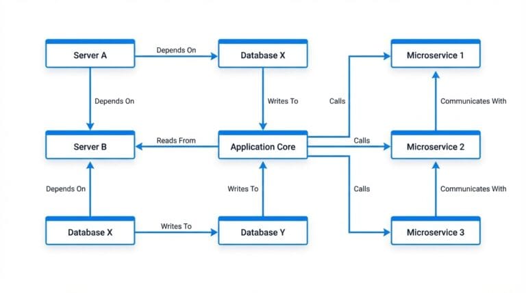 Application dependency mapping diagram showing interconnected IT service nodes and relationship types in an enterprise CMDB