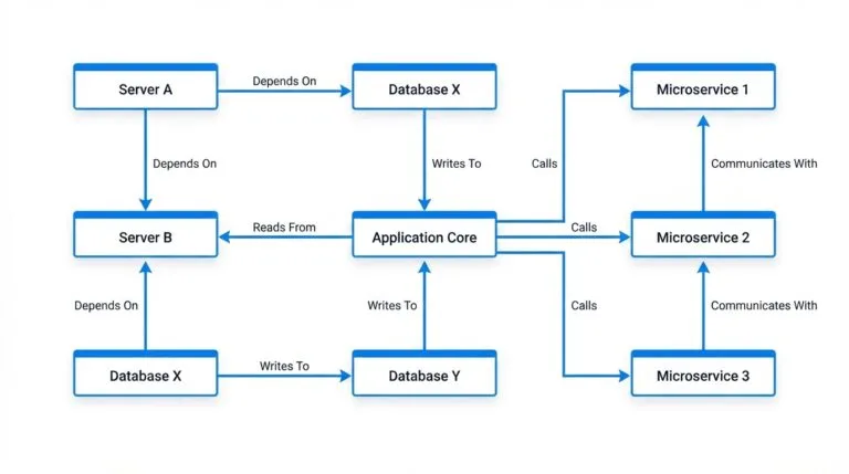 Application dependency mapping diagram showing interconnected IT service nodes and relationship types in an enterprise CMDB