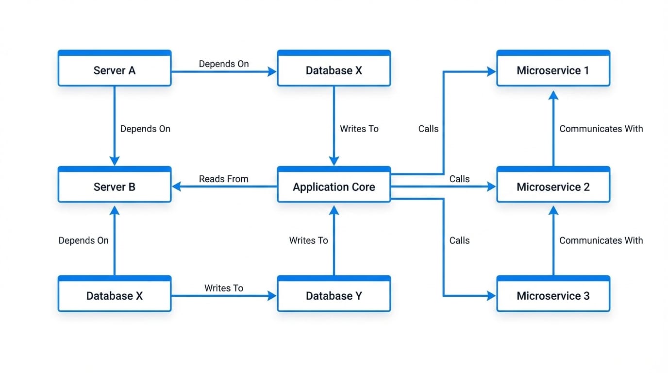 Application dependency mapping diagram showing interconnected IT service nodes and relationship types in an enterprise CMDB