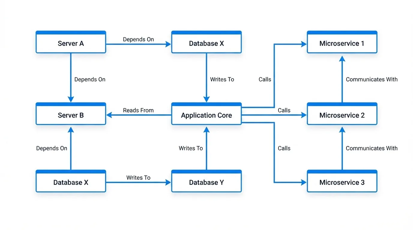 Application dependency mapping diagram showing interconnected IT service nodes and relationship types in an enterprise CMDB