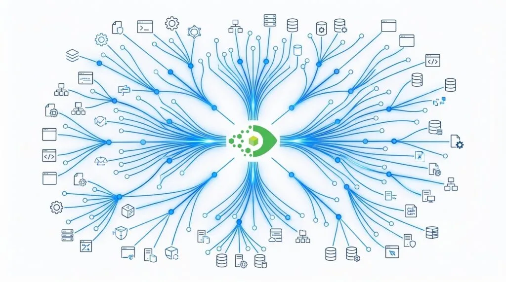 Change impact analysis CMDB visualization showing downstream CI dependency graph with blue nodes