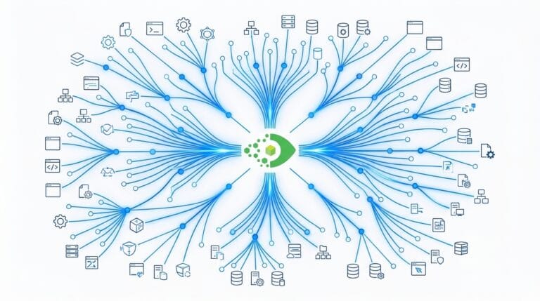 Change impact analysis CMDB visualization showing downstream CI dependency graph with blue nodes