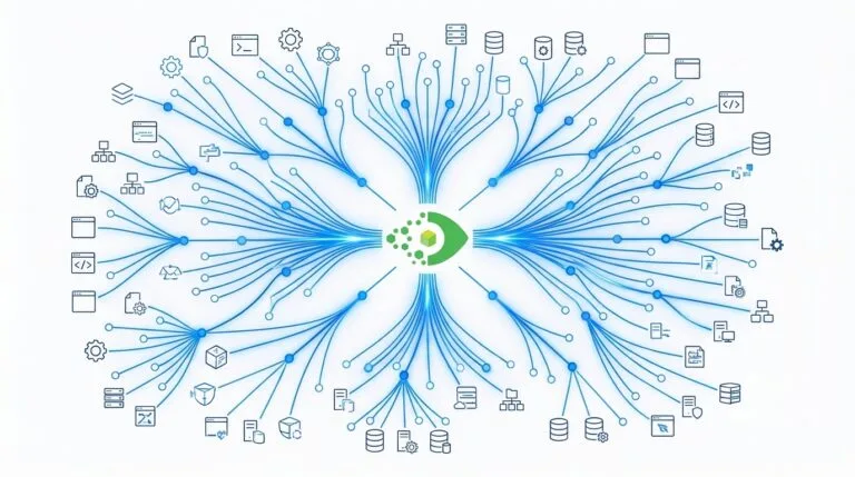 Change impact analysis CMDB visualization showing downstream CI dependency graph with blue nodes