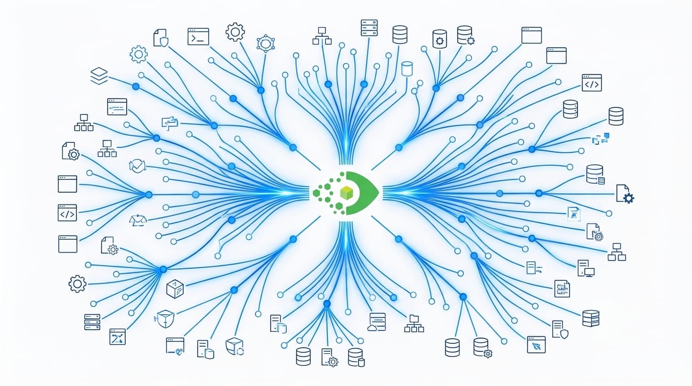 Change impact analysis CMDB visualization showing downstream CI dependency graph with blue nodes