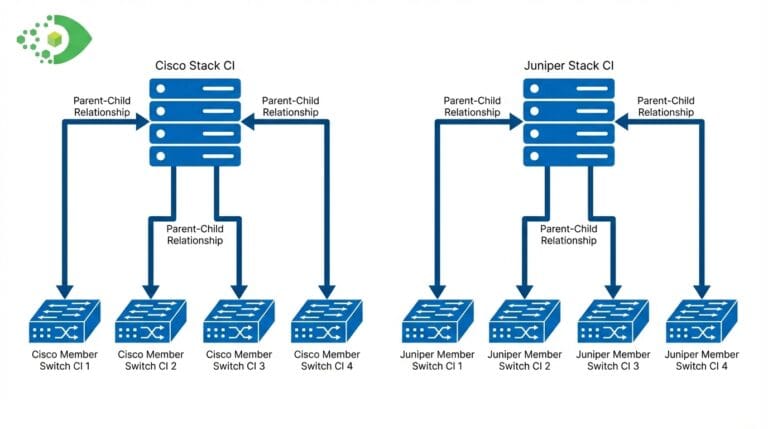Cisco and Juniper switch stack CMDB discovery relationship diagram