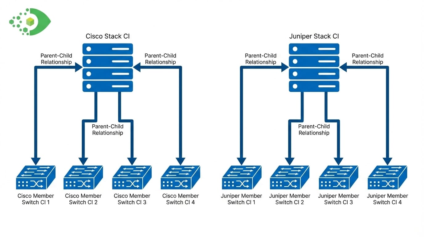 Cisco and Juniper switch stack CMDB discovery relationship diagram