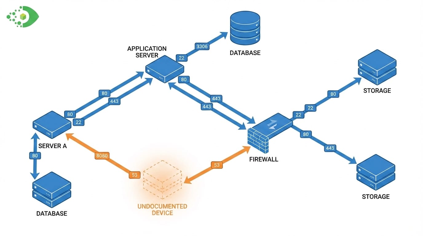 CMDB communication view showing host-to-host traffic flows, open ports, and ghost machine indicators in a network visualization