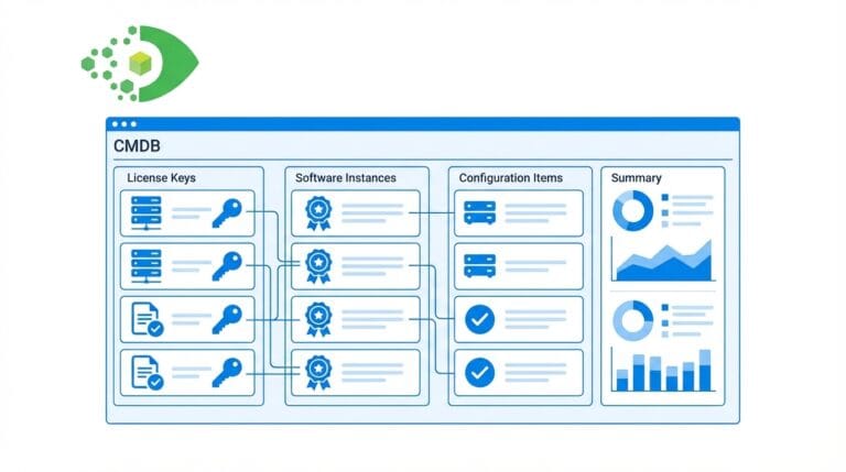 Software license management ITAM dashboard showing license key to CI relationship chain in Virima