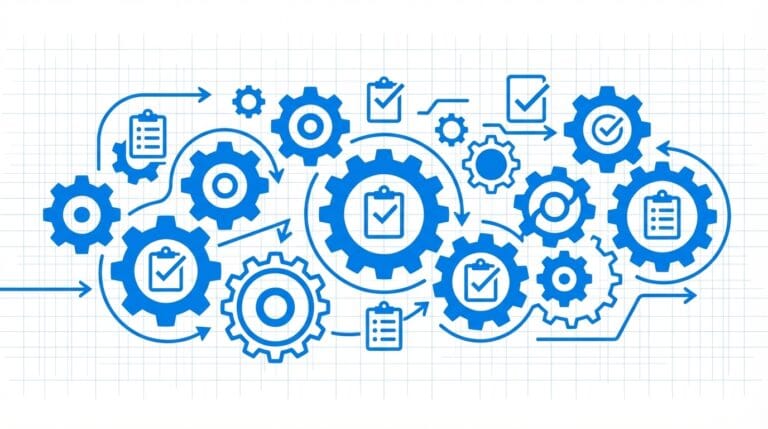 ITIL change management process diagram with interconnected gears and workflow steps in Virima blue