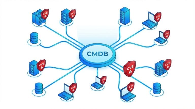 CMDB vulnerability management — CVE linked to IT assets in a network diagram