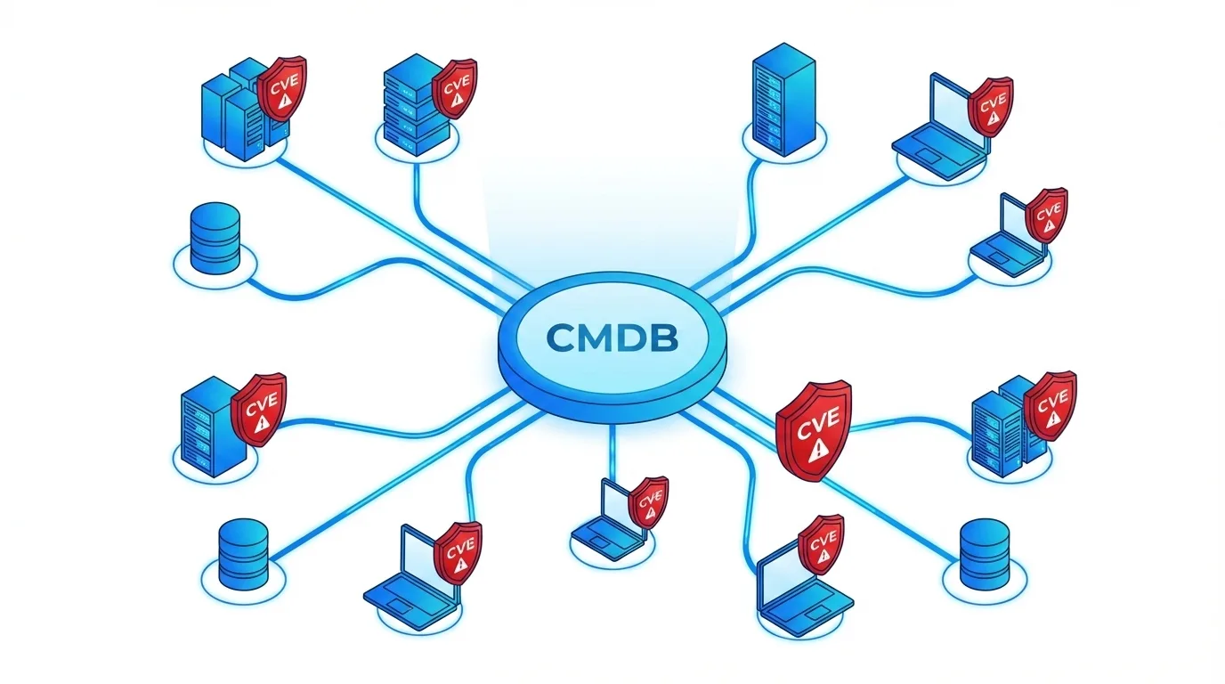 CMDB vulnerability management — CVE linked to IT assets in a network diagram