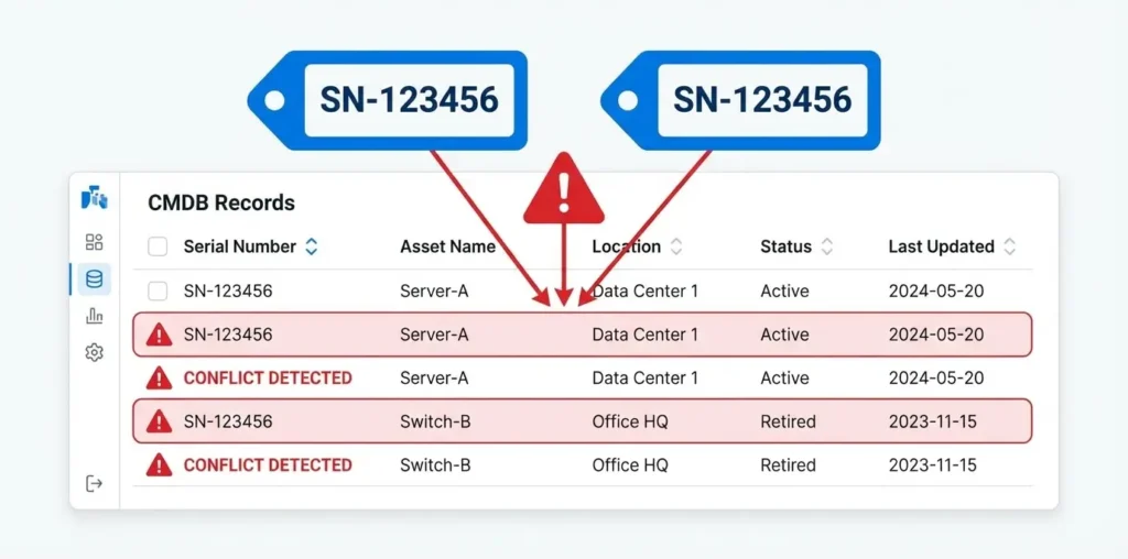 Serial number conflict detection dashboard in CMDB