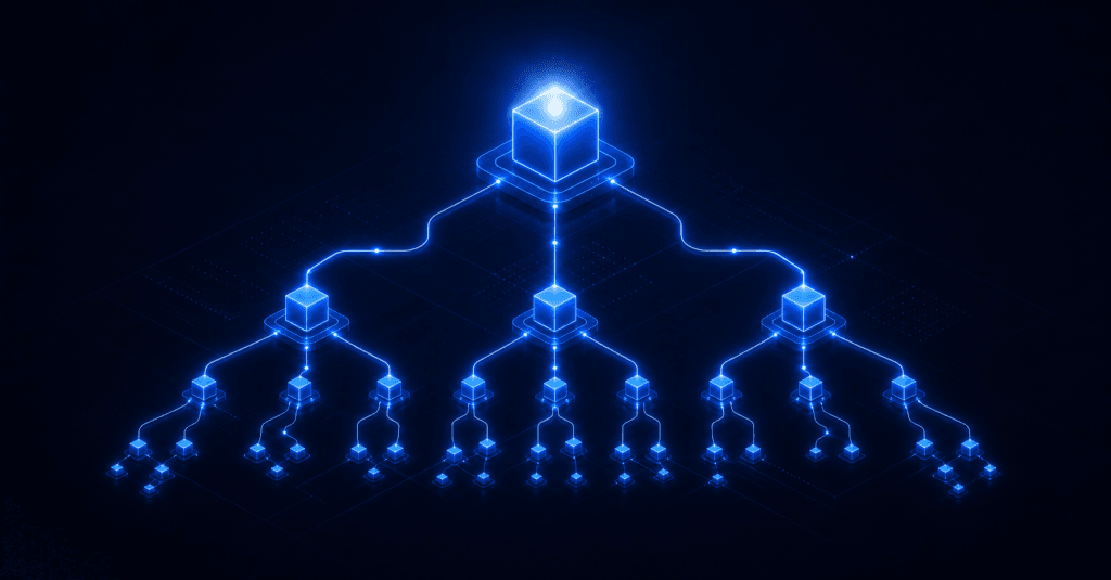 Abstract dark navy node network with three-tier hierarchy of glowing blue nodes representing Azure subscription, resource group, and CI relationships in a CMDB