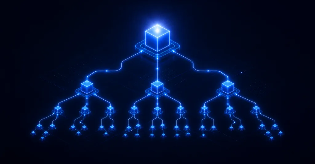Abstract dark navy node network with three-tier hierarchy of glowing blue nodes representing Azure subscription, resource group, and CI relationships in a CMDB