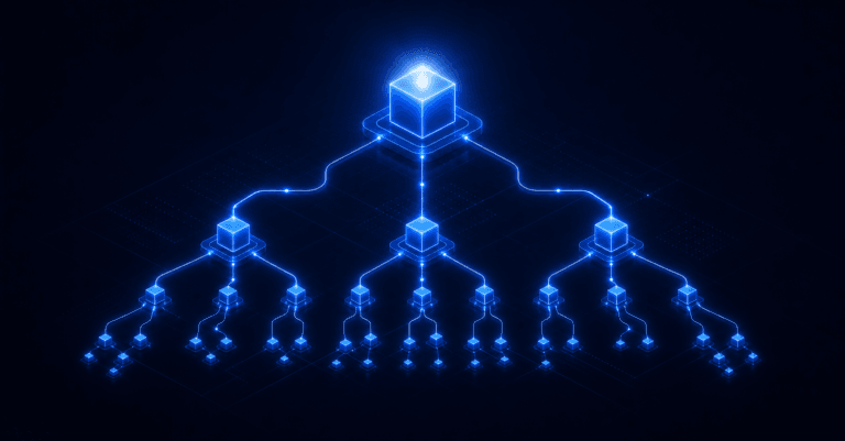Abstract dark navy node network with three-tier hierarchy of glowing blue nodes representing Azure subscription, resource group, and CI relationships in a CMDB