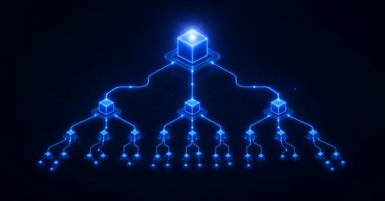 Abstract dark navy node network with three-tier hierarchy of glowing blue nodes representing Azure subscription, resource group, and CI relationships in a CMDB