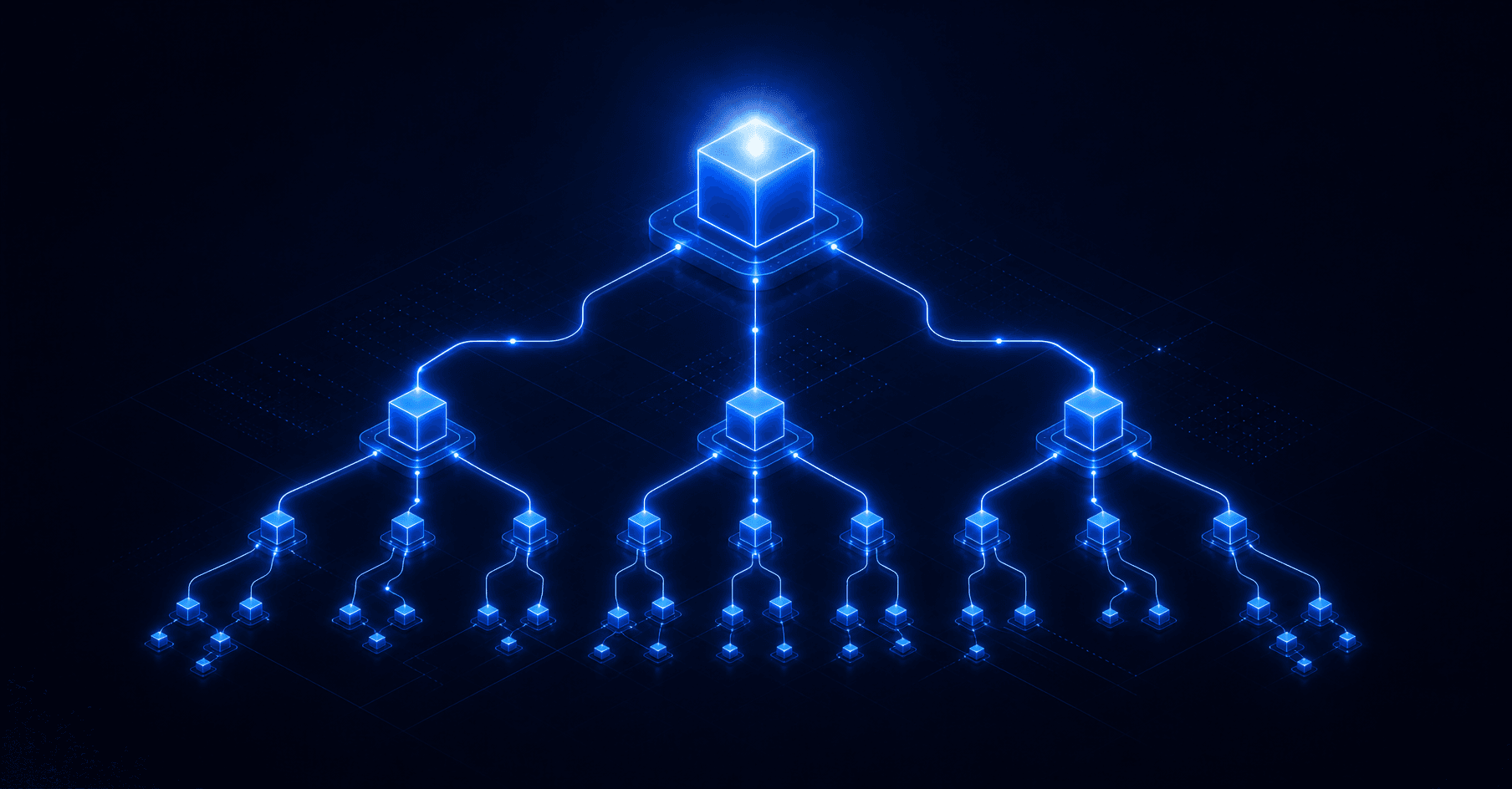 Abstract dark navy node network with three-tier hierarchy of glowing blue nodes representing Azure subscription, resource group, and CI relationships in a CMDB