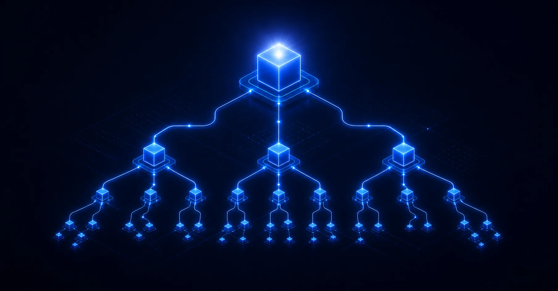 Abstract dark navy node network with three-tier hierarchy of glowing blue nodes representing Azure subscription, resource group, and CI relationships in a CMDB