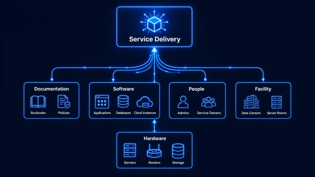 Five CI type categories — Hardware, Software, Documentation, People, and Facility — connected by data-flow lines converging upward to a Service Delivery node