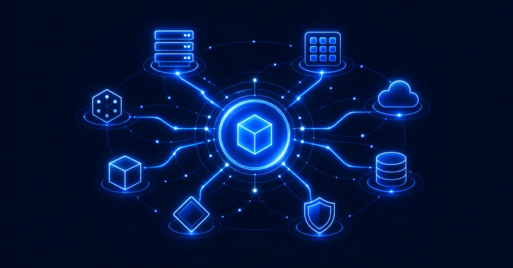 CMDB hub connecting server, endpoint, cloud, database, network, and application asset nodes with dependency lines.