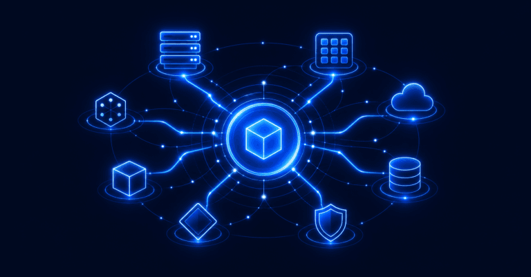 CMDB hub connecting server, endpoint, cloud, database, network, and application asset nodes with dependency lines.