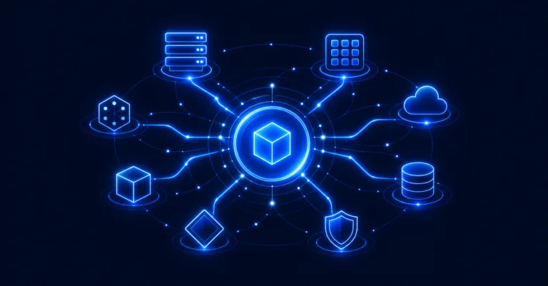 CMDB hub connecting server, endpoint, cloud, database, network, and application asset nodes with dependency lines.