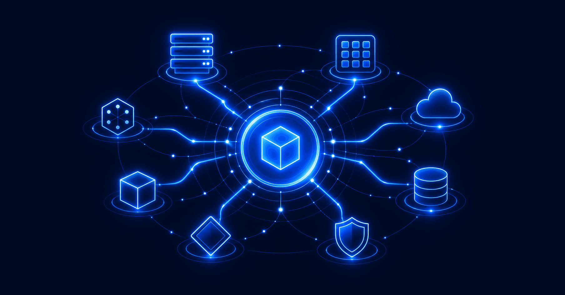 CMDB hub connecting server, endpoint, cloud, database, network, and application asset nodes with dependency lines.