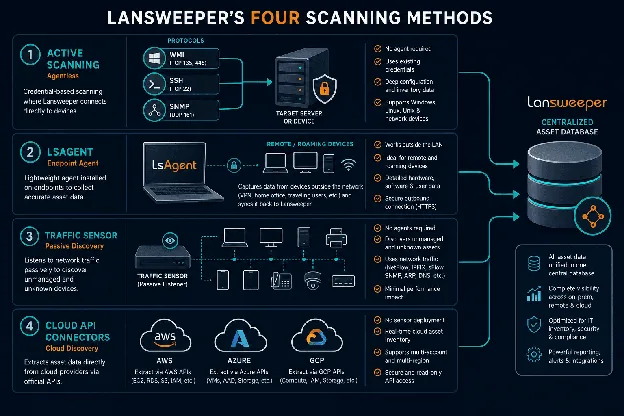Diagram showing Lansweeper's four scanning methods: active scanning (agentless, credential-based), LsAgent (endpoint agent), traffic sensor (passive), and cloud API connectors. LANSWEEPER'S FOUR SCANNING METHODS